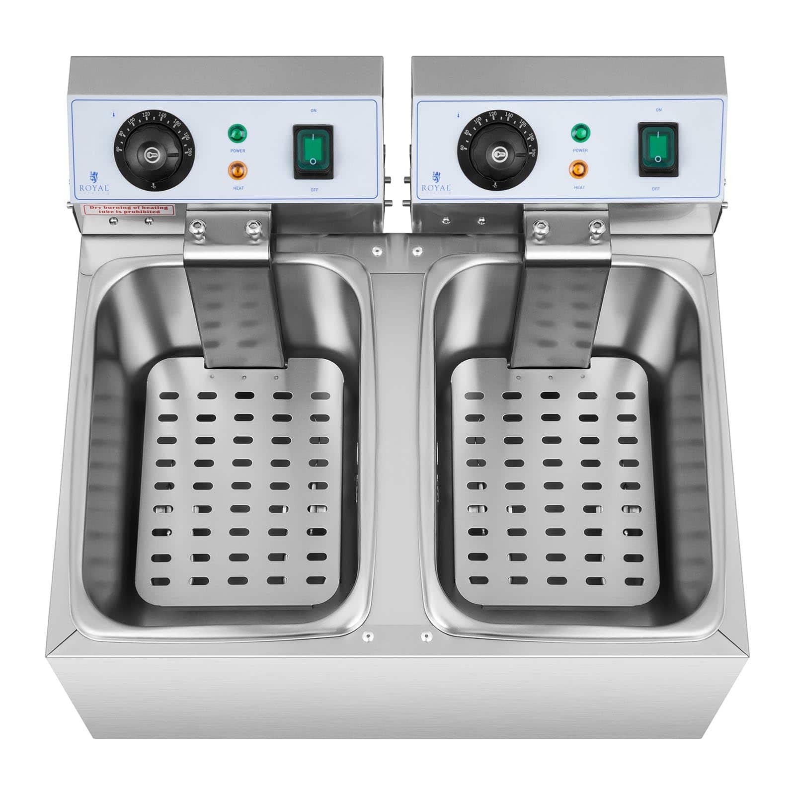 Royal Catering Friggitrice Professionale Friggitrice Elettrica Doppia RCEF 08DB (2 x 3.200 W, 2 x 8 L, Intervallo di temperatura: 50-200 °C, Zona fredda, Con coperchio)