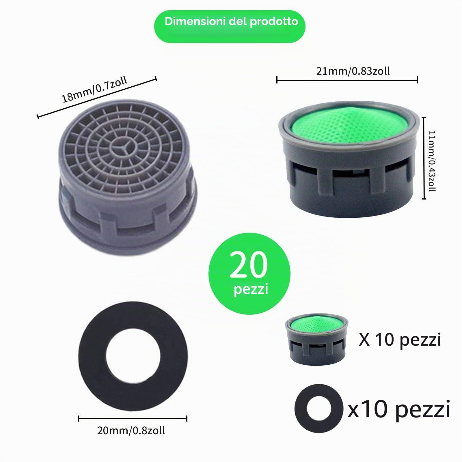 Set di aeratori per rubinetto, confezione da 10, regolatore di flusso, filtro per rubinetto con guarnizione e filtro in ABS, ugello di miscelazione, aeratore, inserto per il risparmio idrico, pezzi di
