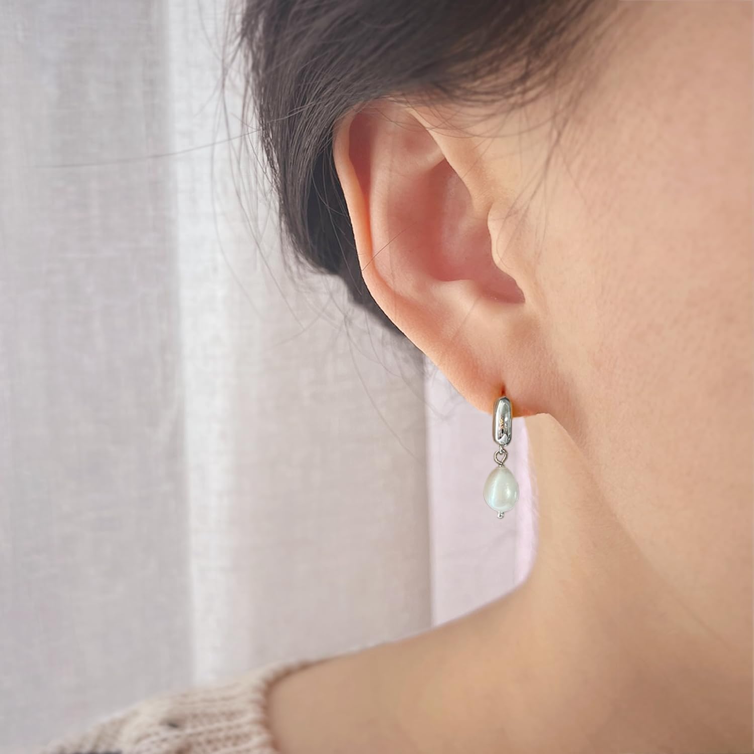 925 Sterling Silver 14K Gold Plated Delicate Small Hoop Pearl Earrings - Image 3