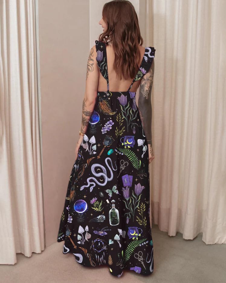 Image of Womens Summer Dresses Mystical Gothic Maxi Dress Women's Casual V Neck Sleeveless Sundresses Beach Outfits for Woman, Large Black