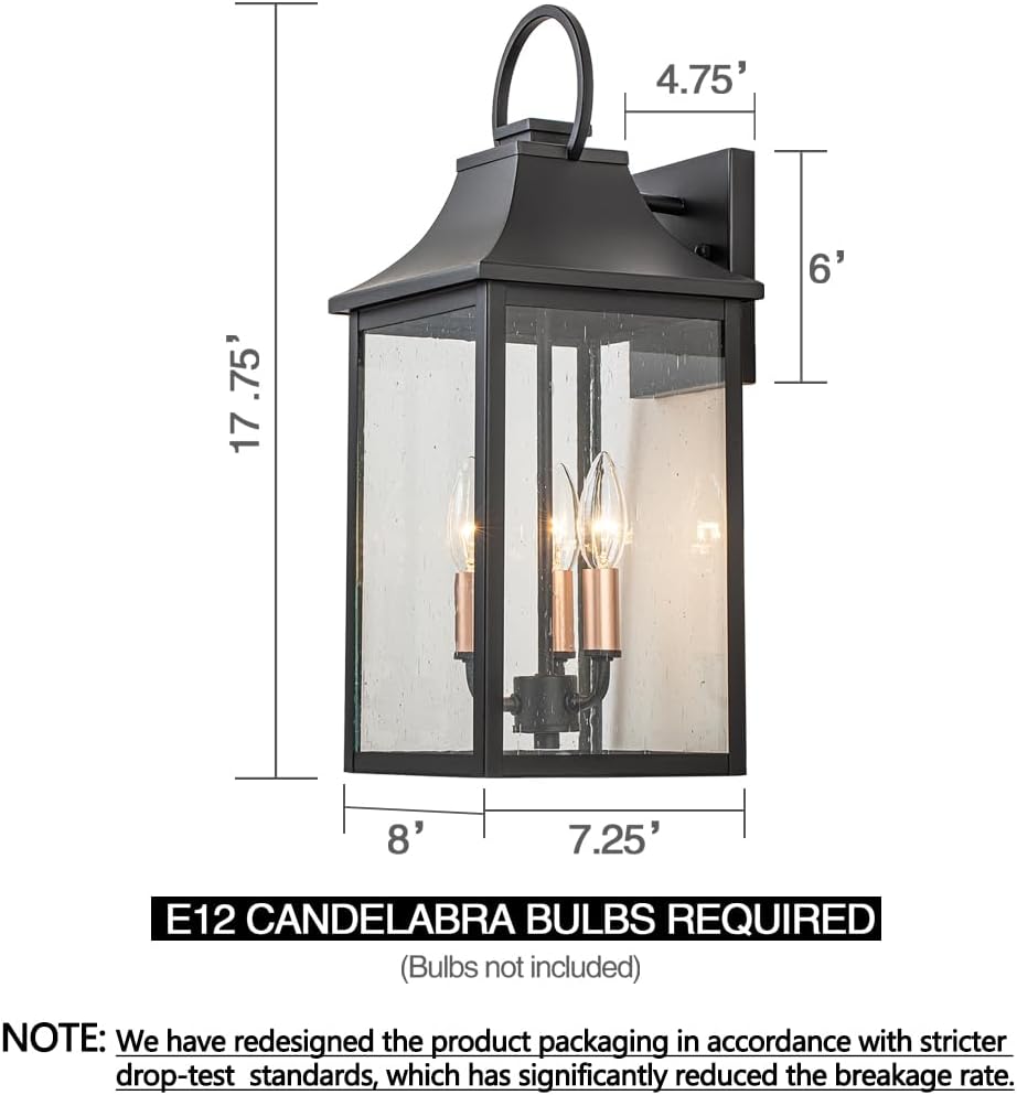 Outdoor Wall Lights Fixture for House, Large Porch Light Wall Mount, 18” Black Exterior Wall Sconce with Rose Gold 3-Light Candelabra Interior, Outside Patio Lighting for Front Porch, Garage