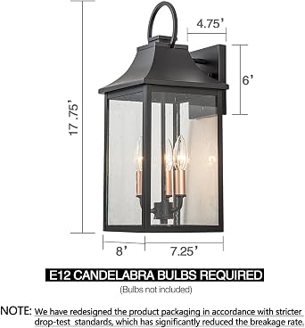Outdoor Wall Lights Fixture for House, Large Porch Light Wall Mount, 18 Black Exterior Wall Sconce with Rose Gold 3-Light Candelabra Interior, Outside Patio Lighting for Front Porch, Garage