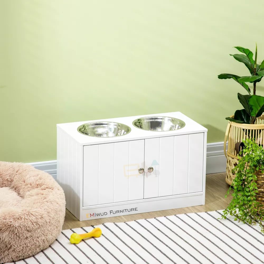 EMIWUD FURNITURE Wooden Pet Feeding Station | Dog Food Bowls Stand With Food Storage Cabinet | Pet Food Bowl with 2 Stainless Steel Bowl for Water & Food Ideal for Better Digestion and Posture (White)