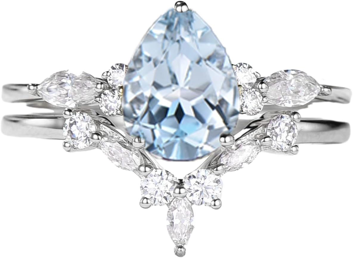 10K 14K 18K Gold Pear Cut Natural Aquamarine Engagement Rings Set, 1.0/2.0 Carat Center Aquamarine Moissanite Bridal Rings Set for Women Wedding Ring Set Anniversary Bands Set for Her Free Engraved