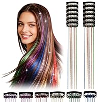 Vista 10 de 12 extensiones de cabello con clip, color champán, extensiones de cabello de oropel con clip, extensiones de cabello con purpurina para niñas