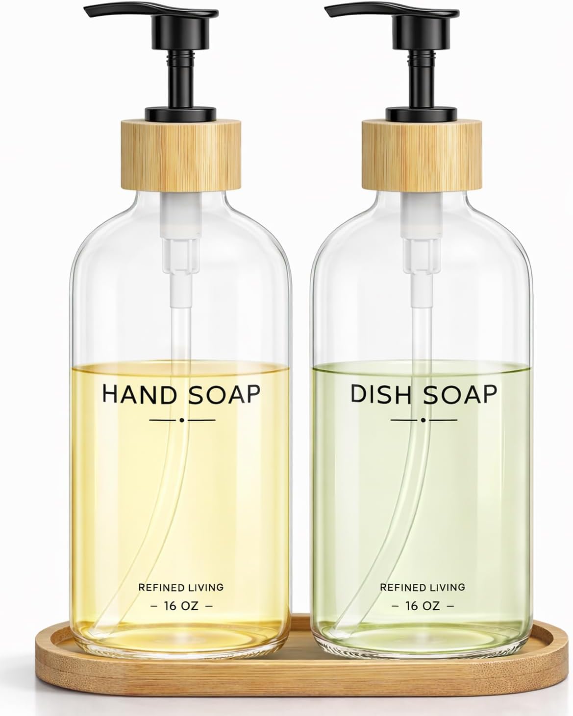 Hand and Dish Soap Dispenser Set,16oz Glass Bottles with Bamboo Pumps & Tray,Countertop Soap Dispensers for Kitchen,Luxury, Minimalist & Farmhouse Decor