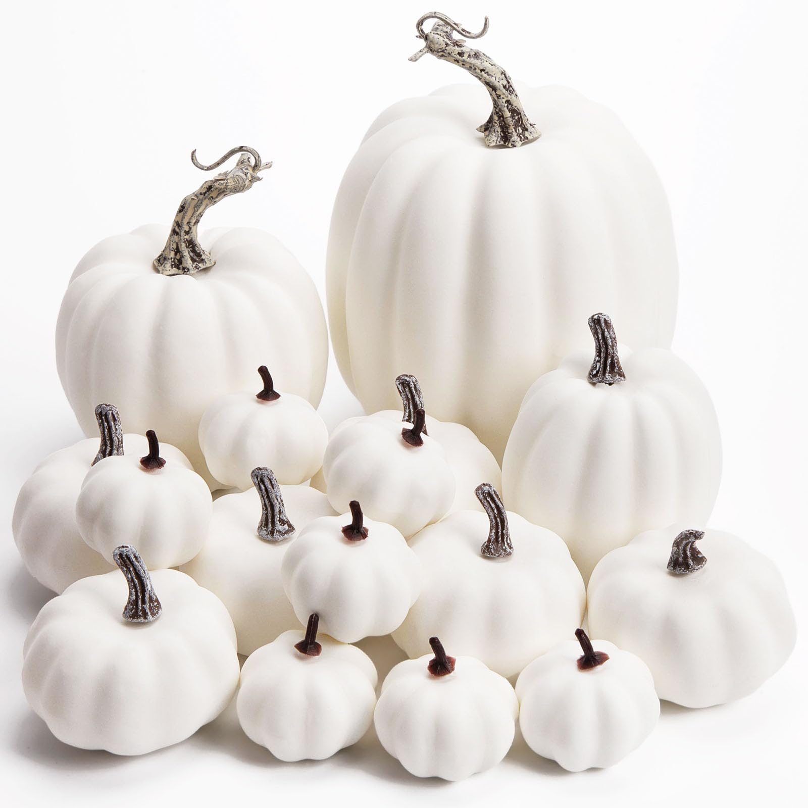 DomeStar 16PCS White Fake Pumpkins for Decorating, Faux Pumpkins Fall Harvest Decor, Halloween Decorations, Thanksgiving Table Centerpieces and Baby Shower Decor