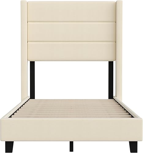 Miniatura 7 de EMMA + OLIVER Holt Modern - Cama de plataforma - Tapicería de lino sintético beige - Individual - Cabecero con respaldo copetudo - Sistema de