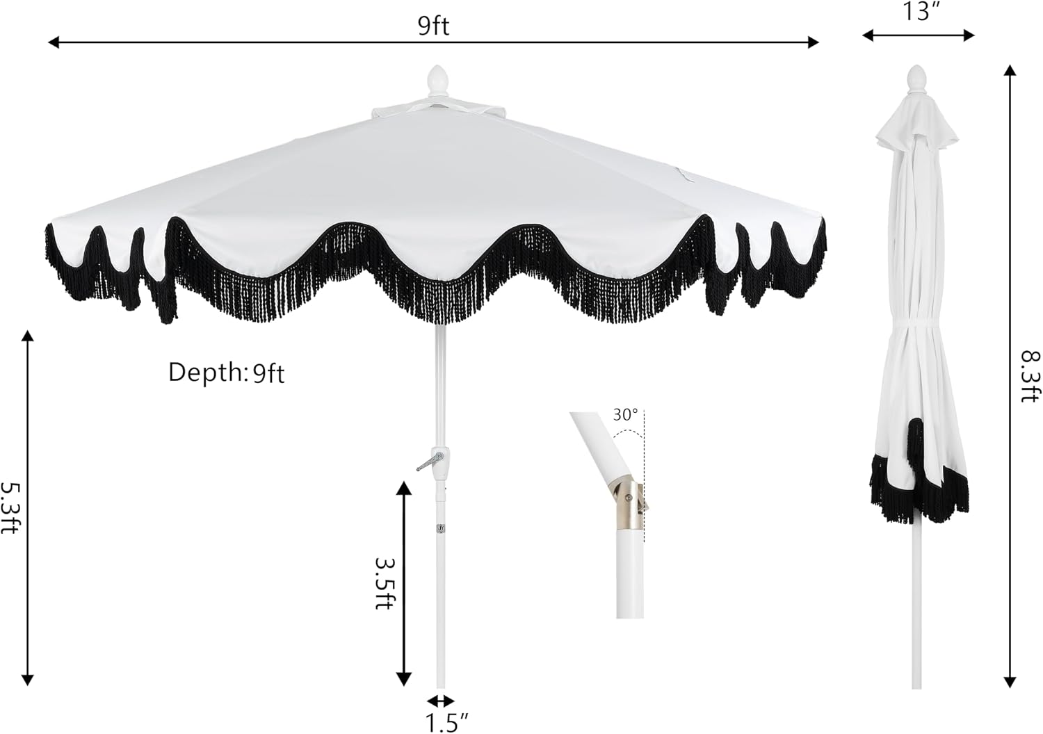 JONATHAN Y UMB1001 Collins 9 ft. Classic Cottage Tassel Market Patio Umbrella with Auto-Tilt, Crank, Wind Vent and UV Protection