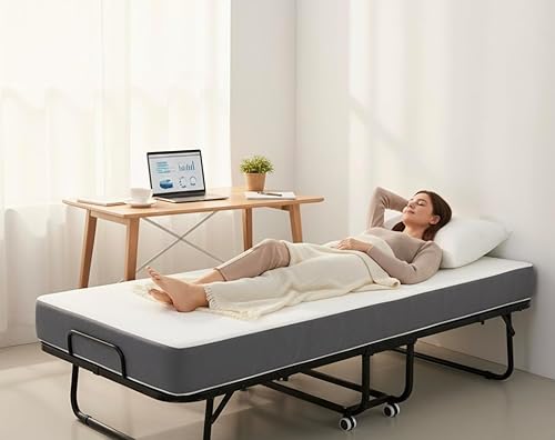 Miniatura 3 de Cama plegable con colchón de espuma viscoelástica de 5 pulgadas, cama portátil de invitados de 75 x 31 pulgadas, marco de acero, ruedas para