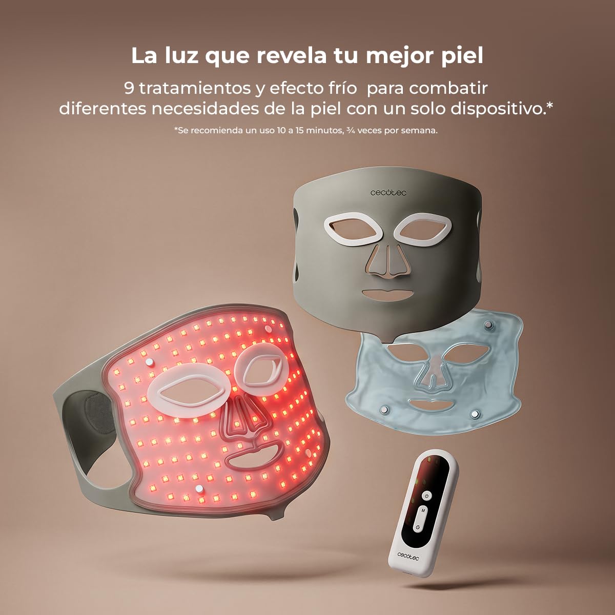 Cecotec Máscara Facial LED 9 Colores - 448 Puntos de Luz FaceCare LÜM Ice | Silicona Flexible libre de UV, 9 Funcionalidades, Luz Infrarroja (NIR), 112 LEDs (448 chips), Accesorios Efecto Frío