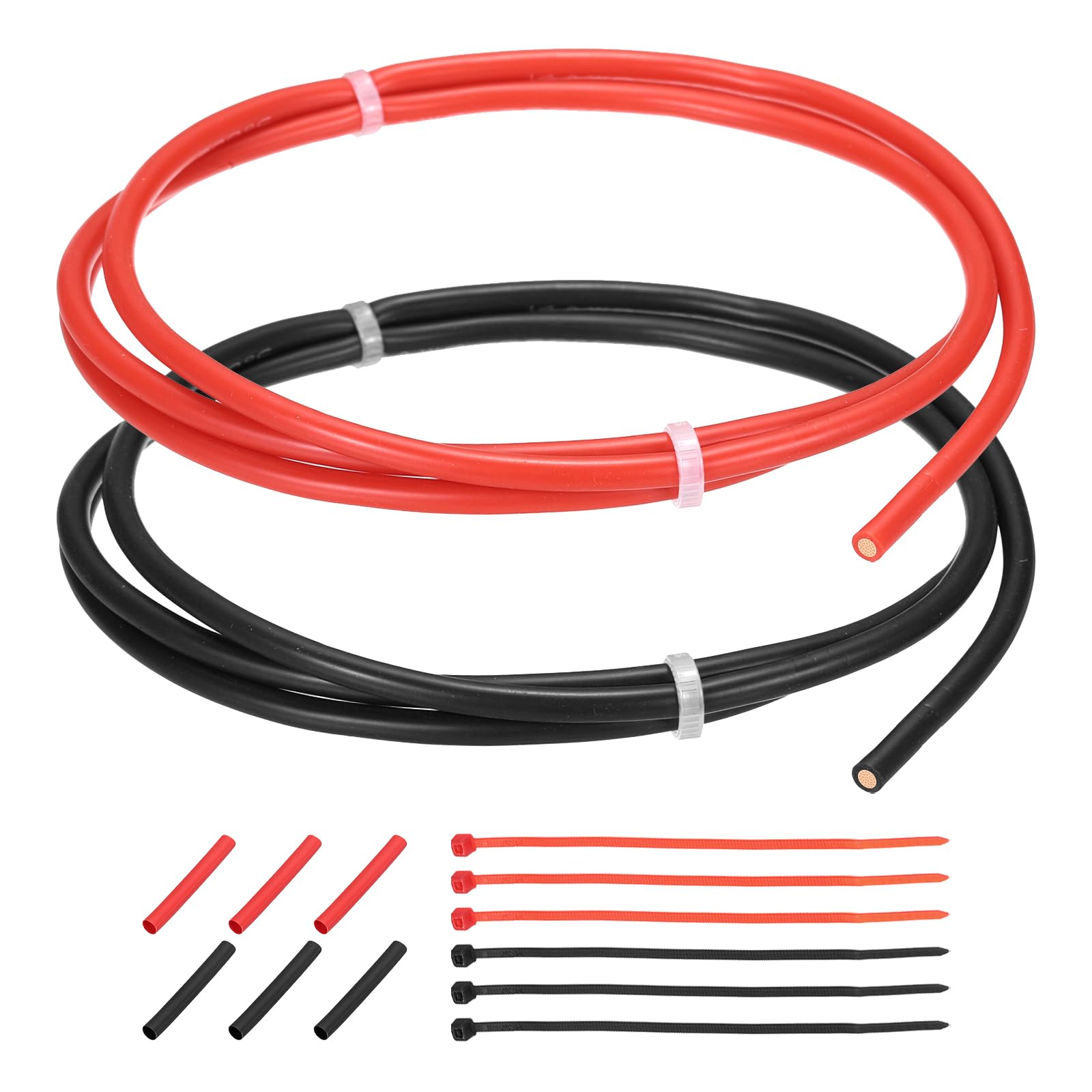 sourcing map 2pcs 14 AWG Silicone Electrical Wire, 14 Gauge 1m/3ft Tinned Copper Electrical Wires with Heat Shrink Tubing & Cable Ties for Automotive, Motor, RV Inverter - Red & Black