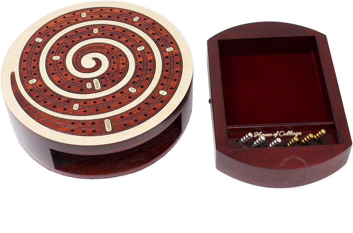 House of Cribbage - Spiral Shape 2 Track Non-Continuous Cribbage Board - Push Drawer Storage for Pegs and 1 Deck of Cards with Score Marking Fields for Won Games (Maple Wood/Bloodwood)