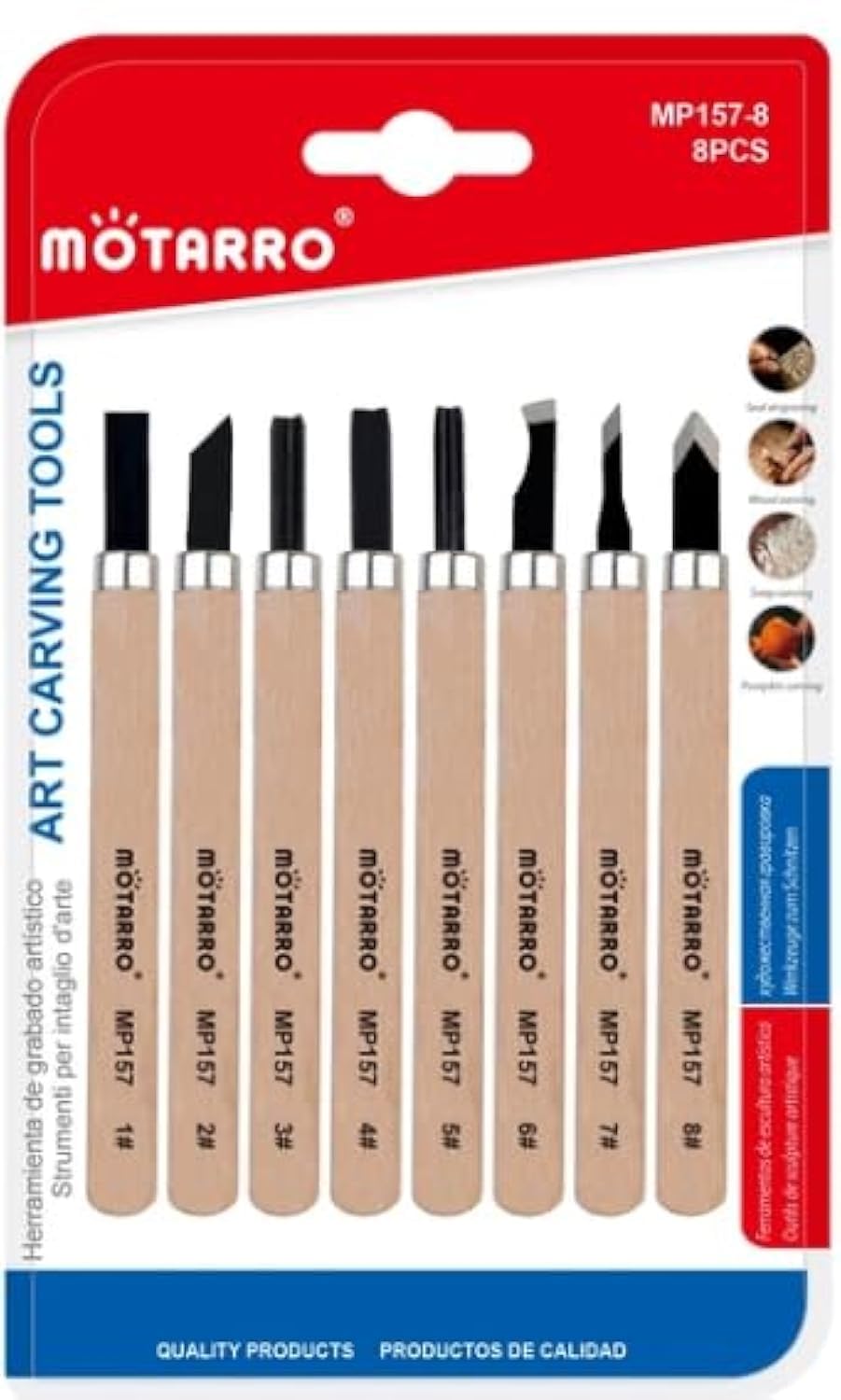 Motarro MP157-8 4/8 Wood Handle Art Carving Tool 8-Pieces, 2-Pack, Burlywood