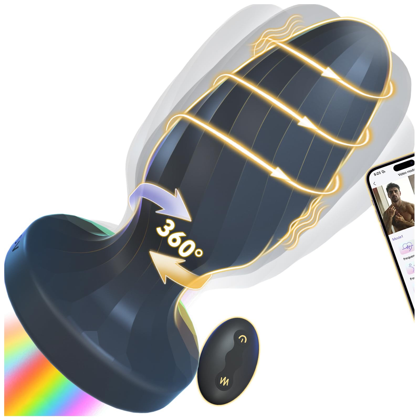 Wriggling Vibrating Butt Plug with 360 Rotation Led Light Up Anal Plug Sex Toy Prostate Massager Anal Male