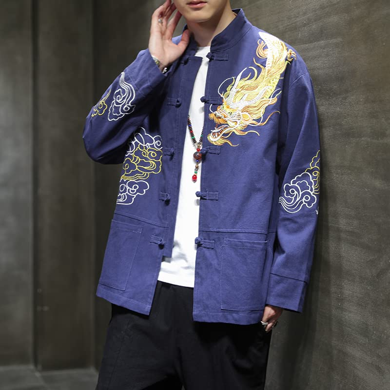 Aoleaky Chinese Style Men's Jacket Dragon Embroidery Retro Tops Long Sleeve Han Tang Coat Traditional Clothes For Men Hanfu3