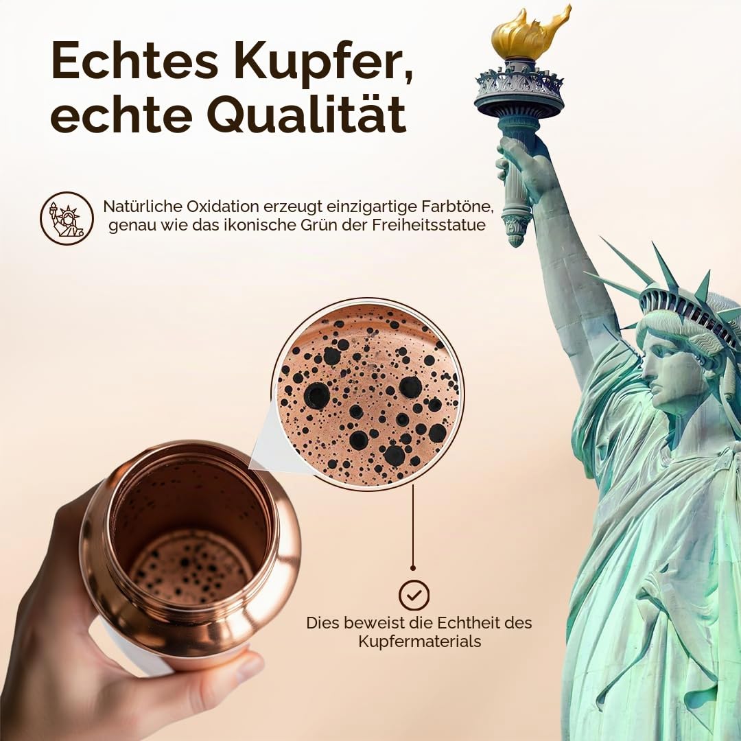 Handgehämmerte Wasserflasche aus reinem Kupfer 950 ml – Ayurvedische, auslaufsichere Sport-Trinkflasche BPA-freie, große Wasserflasche für Yoga, Reisen und Büro Canvas-Tasche, Bürstenset