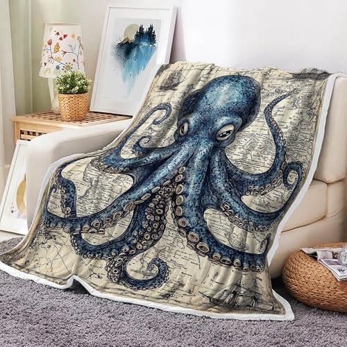 Uokiuki Nautical Octopus Throw Blankets, Map Ocean Cozy Warm Bed Living Room Bedroom Couch Blanket, White Fleece Flannel Throws to Decorate the Room and Bedroom Women Men Girls Boys All Season