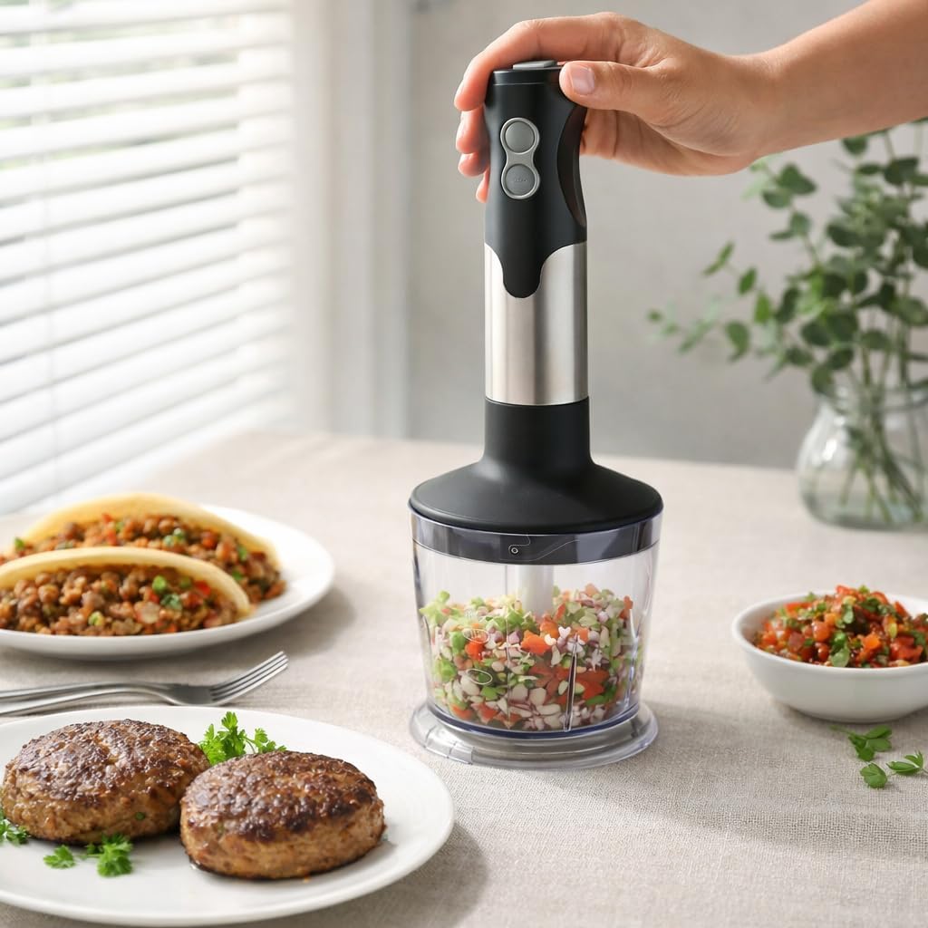 MEGAWISE HB-2062B 5-in-1 Hand Immersion Blender Set, 800W Powerful Stick Blender with Turbo Mode, Variable Speed Control, Stainless Steel Blade, Includes Whisk, Milk Frother, Chopper Bowl & Beaker