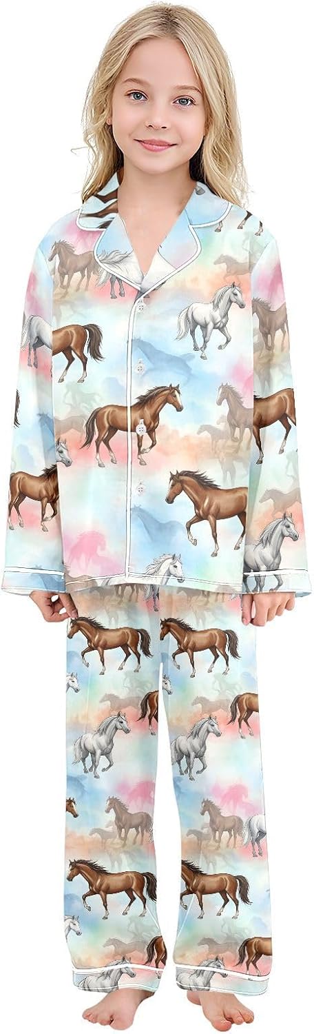 Satin Pajama Sets Short Sleeve Horses Running on Colorful Button Down Silky Nightwear 2 Piece PJS 5-14Y