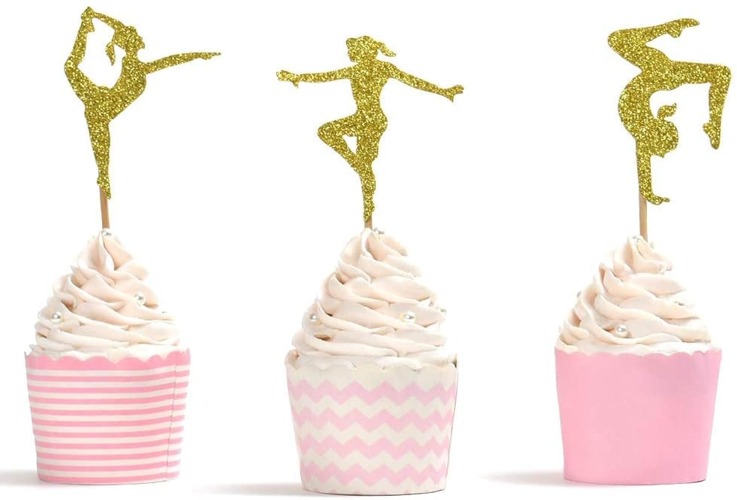 Gymnastic Cupcake Toppers, Muffin Food Dessert Picks Glitter Girls Gymnast Cake Topper for Kids Birthday Gathering Sport Theme Party Baby Shower Decoration (24PCS Golden)