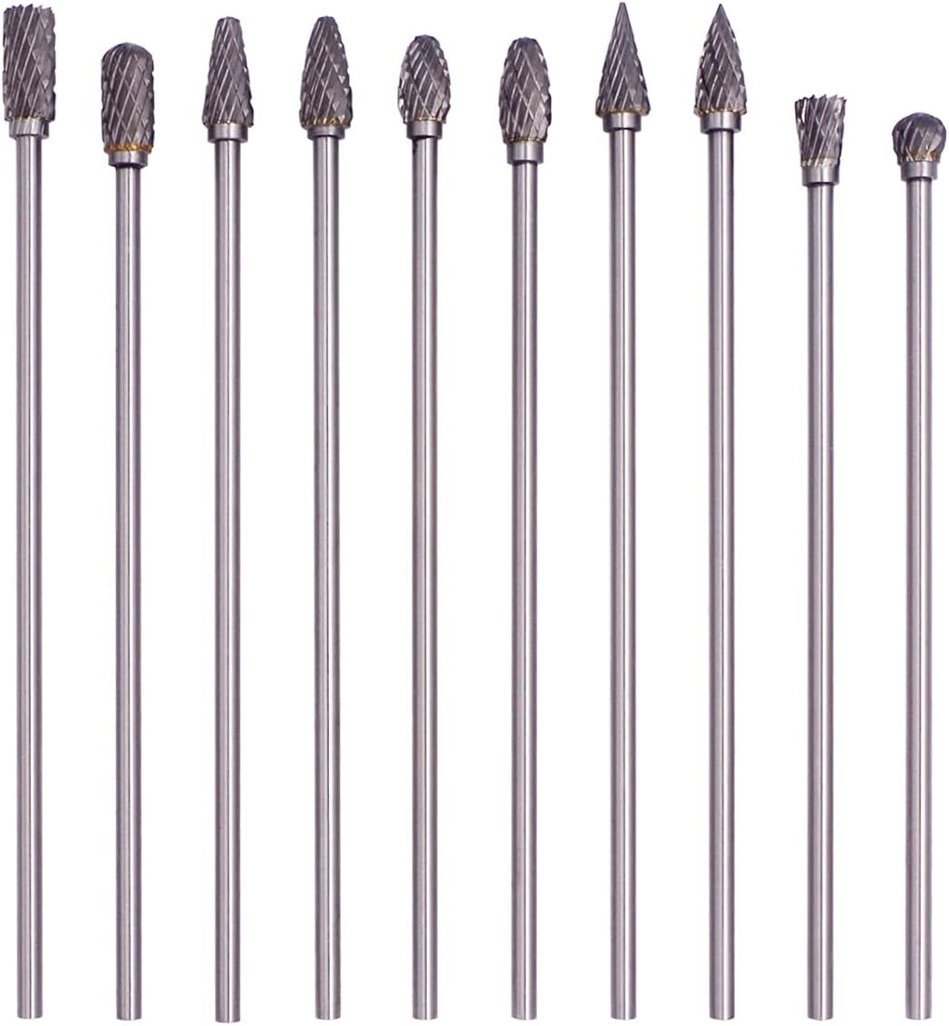 Wolfride 10pcs Tungsten Carbide Carving Bits 3mm (1/8 inch) Shank Double Cut Rotary Burr Set Wood Burr Drill Bit for Wood Carving, Metal |100mm Length