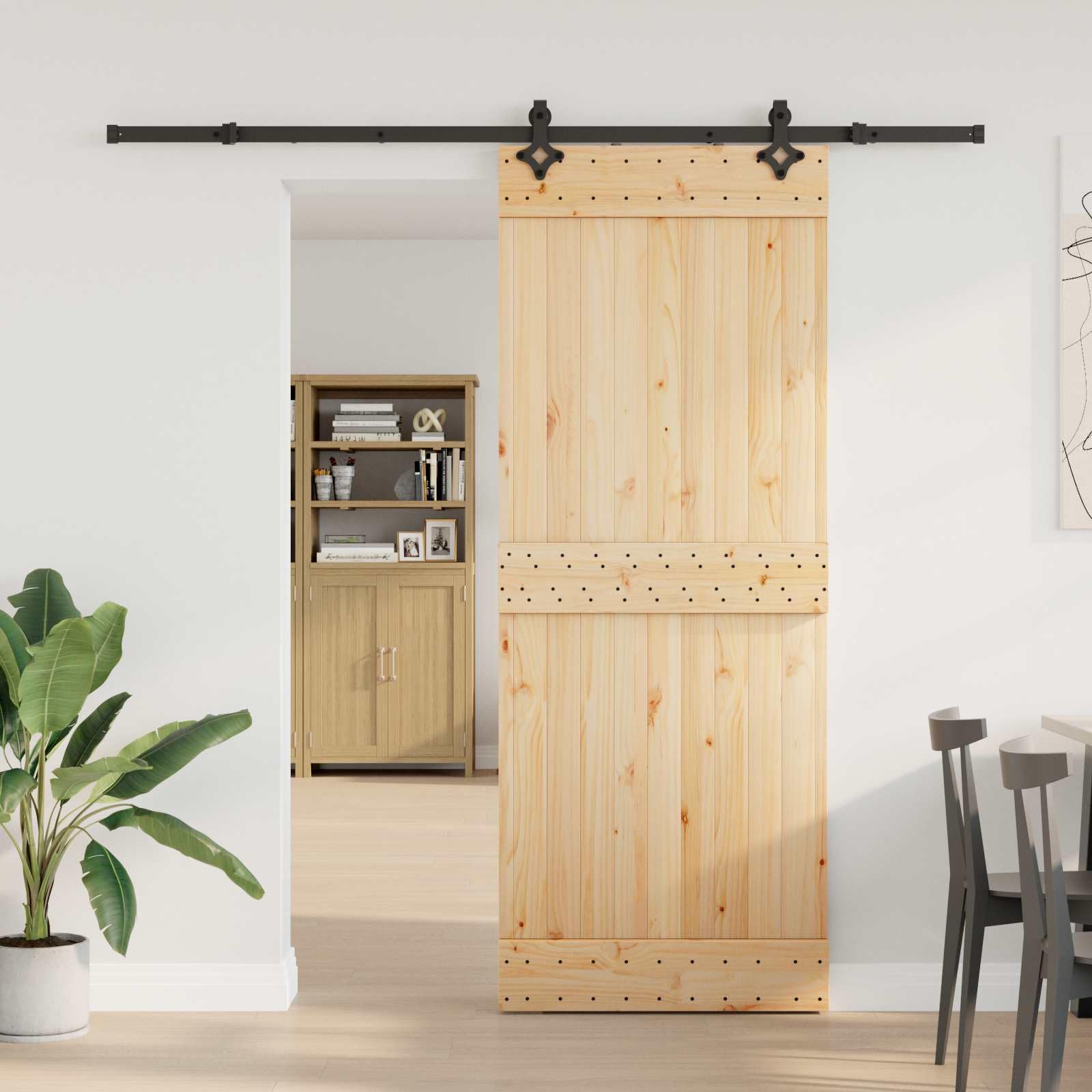 NARVIK - Porta scorrevole in legno di pino massiccio e acciaio, 80 x 210 cm, porta per camera con sistema a binario, design salvaspazio per interni