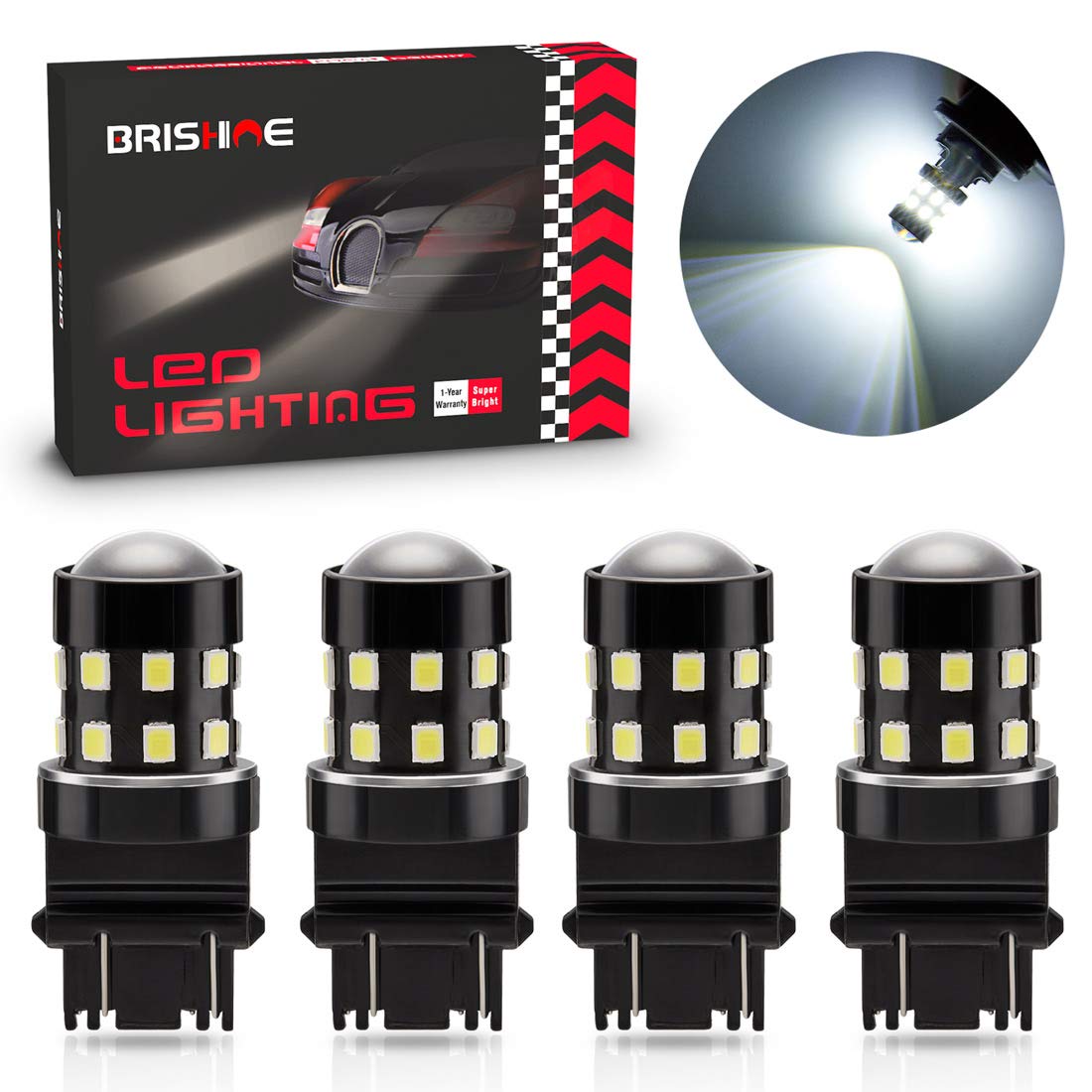 BRISHINE4-Pack Super Bright 3157 3156 3057 3056 3157K LED Bulbs 6000K Xenon White 24-SMD LED Chipsets with Projector for Backup Reverse Lights, Parking Lights, Daytime Running Lights