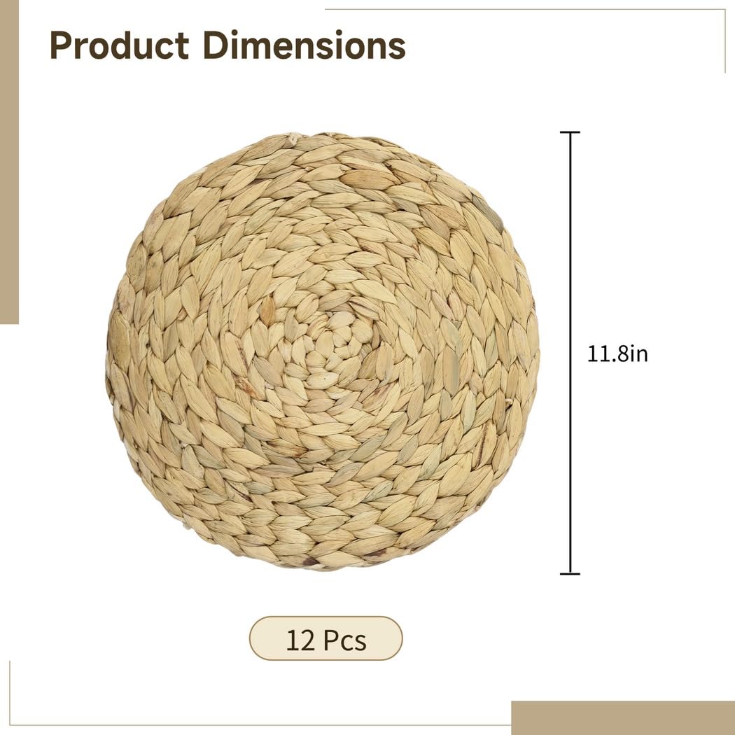 Set mit 12 runden Rattan-Tischsets, 30 cm, handgewebt, Wasserhyazinthe, hitzebeständig, rustikale Tischmatten für Küche, Esszimmer, rutschfest