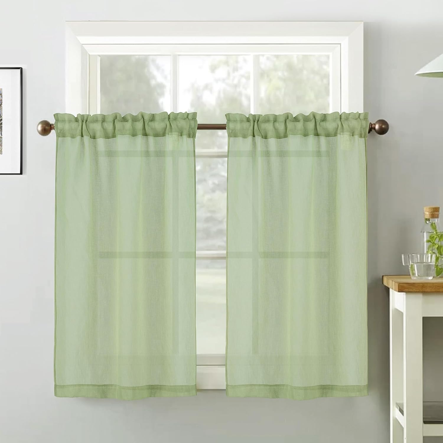 Tony's collection Light Sage Green Sheer Curtains, Linen Texture Rod Pocket Rustic