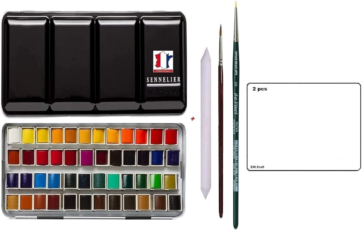 Sennelier - Caja de pintura de acuarela (36 +12) con 2 pinceles + 2 postales y difuminados EMI CRAFT