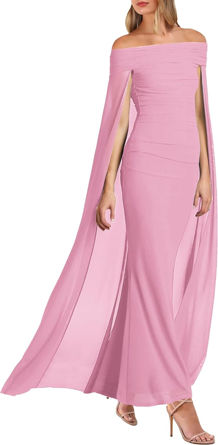 HESUUIO Elegant Off The Shoulder Dress Womens Formal Wedding Guest Cape Overlay Long Flowy Evening Party Dresses - Image 4