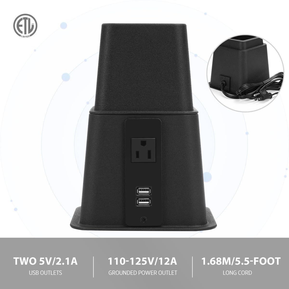 Tuffen Adjustable Heavy Duty Bed Risers with Power Outlet and USB Ports, Elevation in Heights 3, 5 or 8 Inch Furniture Raisers Lifts for Bed, Table, Sofa, Dorm Room, Supports up to 1500 lbs (Set of 4)