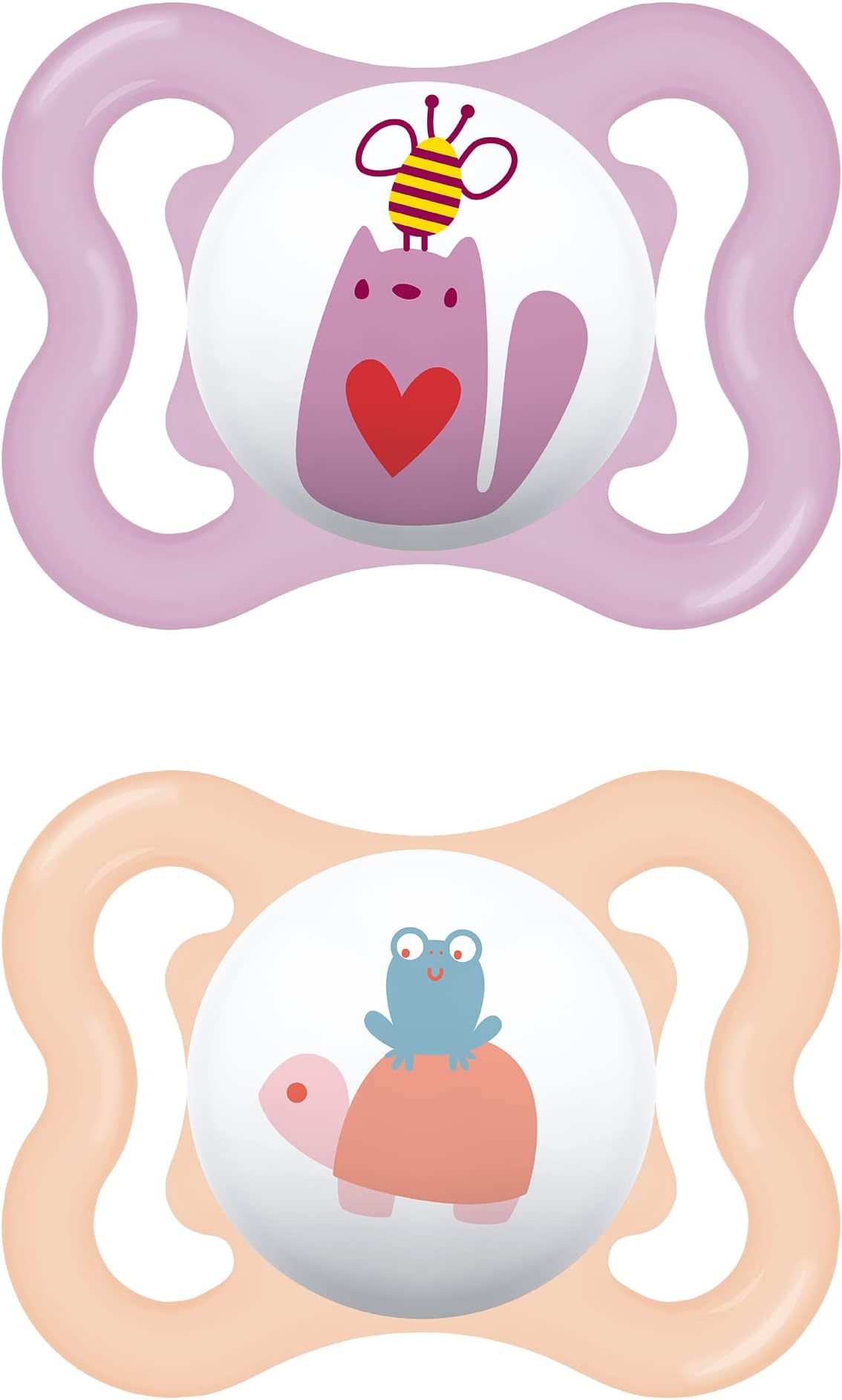 MAM Air Silicone Dummy Set of 2, Extra Light and Airy Shield Design, Tooth-Friendly Baby Dummy Made of Special MAM SkinSoft Silicone with Dummy Box, 0-6 Months, Cat/Turtle