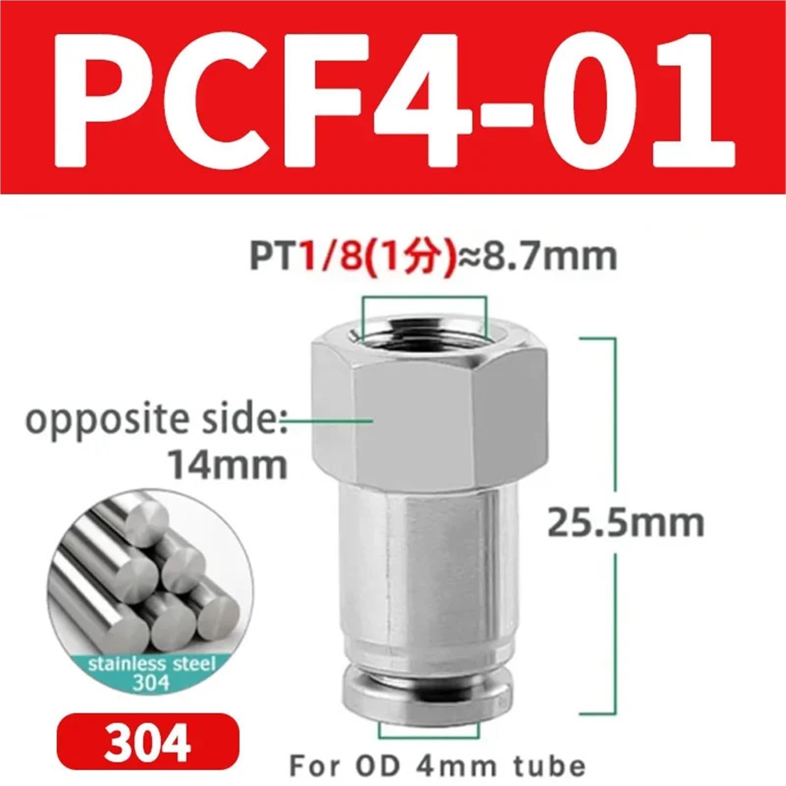 PCF - Raccordo rapido pneumatico in acciaio inox 304, filettatura interna compatibile con tubi dell'aria da 1/8 1/4 3/8 1/2 pollici (4 mm-12 mm), 10 pezzi (PCF4-01)
