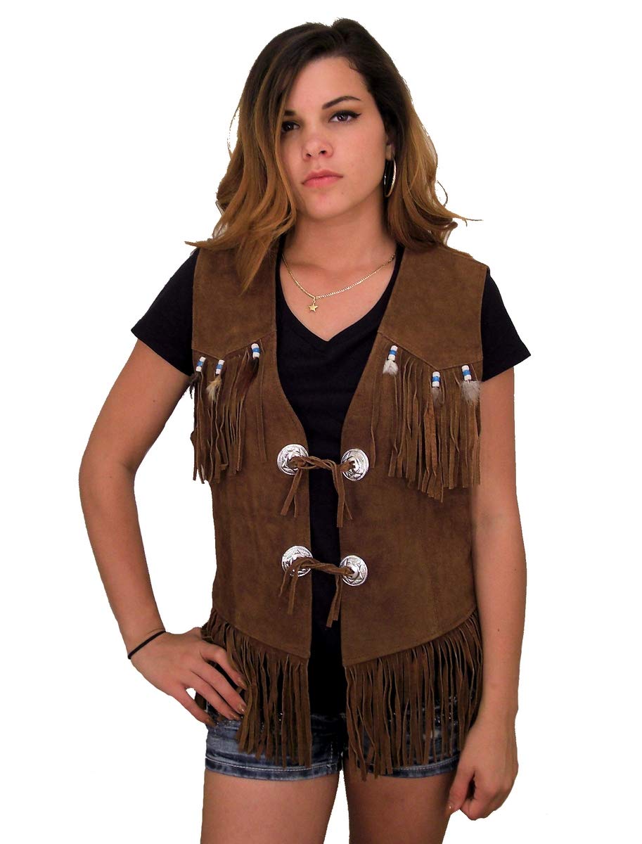 Leather Supreme Women's Brown Western Fringe Suede Leather Vest