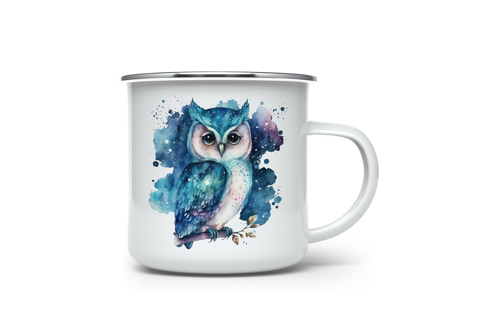 MAXIKIWI - Durable Enamel Coffee or Tea Camping Mug for Indoor Outdoor Use - Cute Blue Owl Watercolor - 350ml