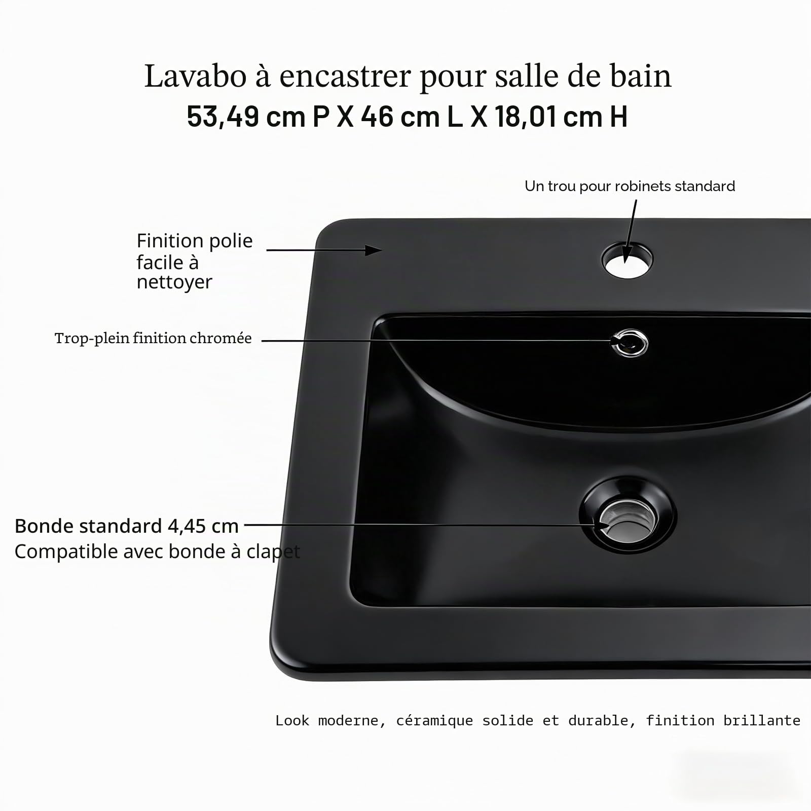 Lavabo en Céramique Noir Mat, 53 x 46 cm, Rectangle, Vasque à Encastrer Moderne, Lavabo de Comptoir avec Trou pour Robinet,Trop-Plein et Bonde de Vidange Escamotable en Acier inoxydable, Salle de Bain