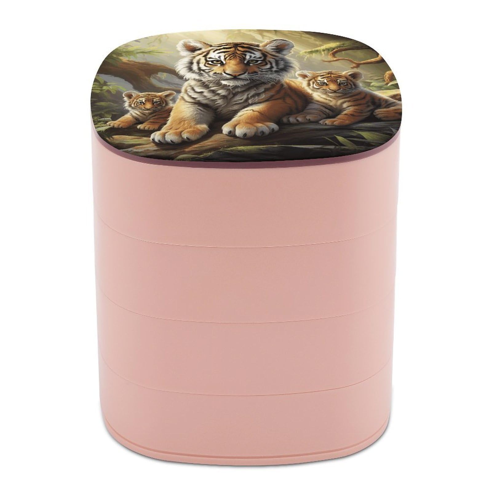 VstaDank Jungle Tigers Cub Jewelry Box with Mirror Travel Small Jewelry Case for Women 4-Layer Rotatable Jewelry Organizer Storage Box Portable Jewelry Storage Case for Rings Earrings