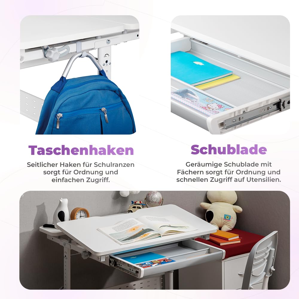 Spacetronik Kinderschreibtisch Höhenverstellbar 100x60 cm, Schreibtisch Kinder mit Neigbarer Tischplatte, Kinder Schreibtisch mit Schublade & Haken für Rucksack, Holzplatte