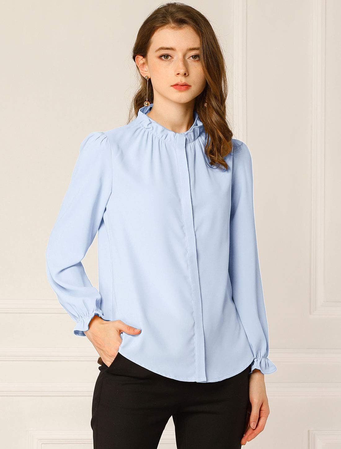 Allegra K Women's Business Casual Ruffled Collar Long Sleeve Chiffon Button Down Blouse - Image 3