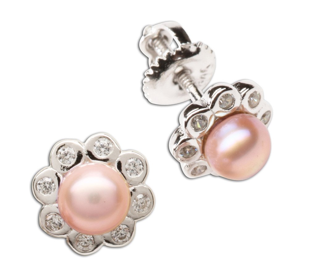 Girl's Sterling Silver White or Pink Cultured Pearl Button Earring with CZs (Screw Back)