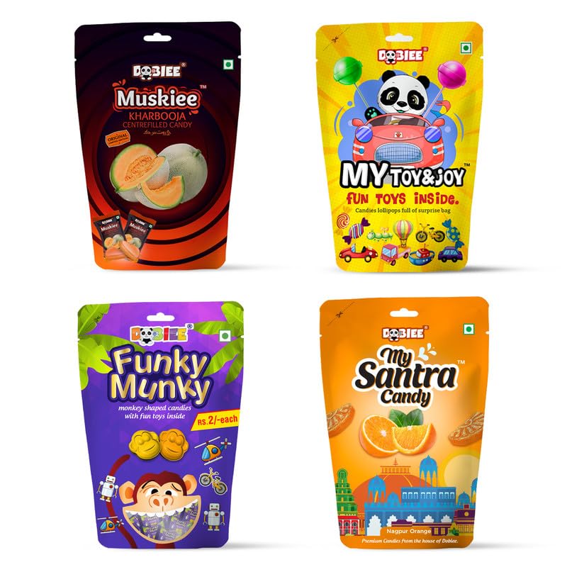 DOBIEE Multi Fruit Flavour Candies Combo of 4 Assorted Pack (Muskiee 50pcs, My Toy & Joy - Mix, Funky Munky 50pcs, My Santra Candy 50pcs) | Birthday Party Pack Return Gifts To Your Family & Friends
