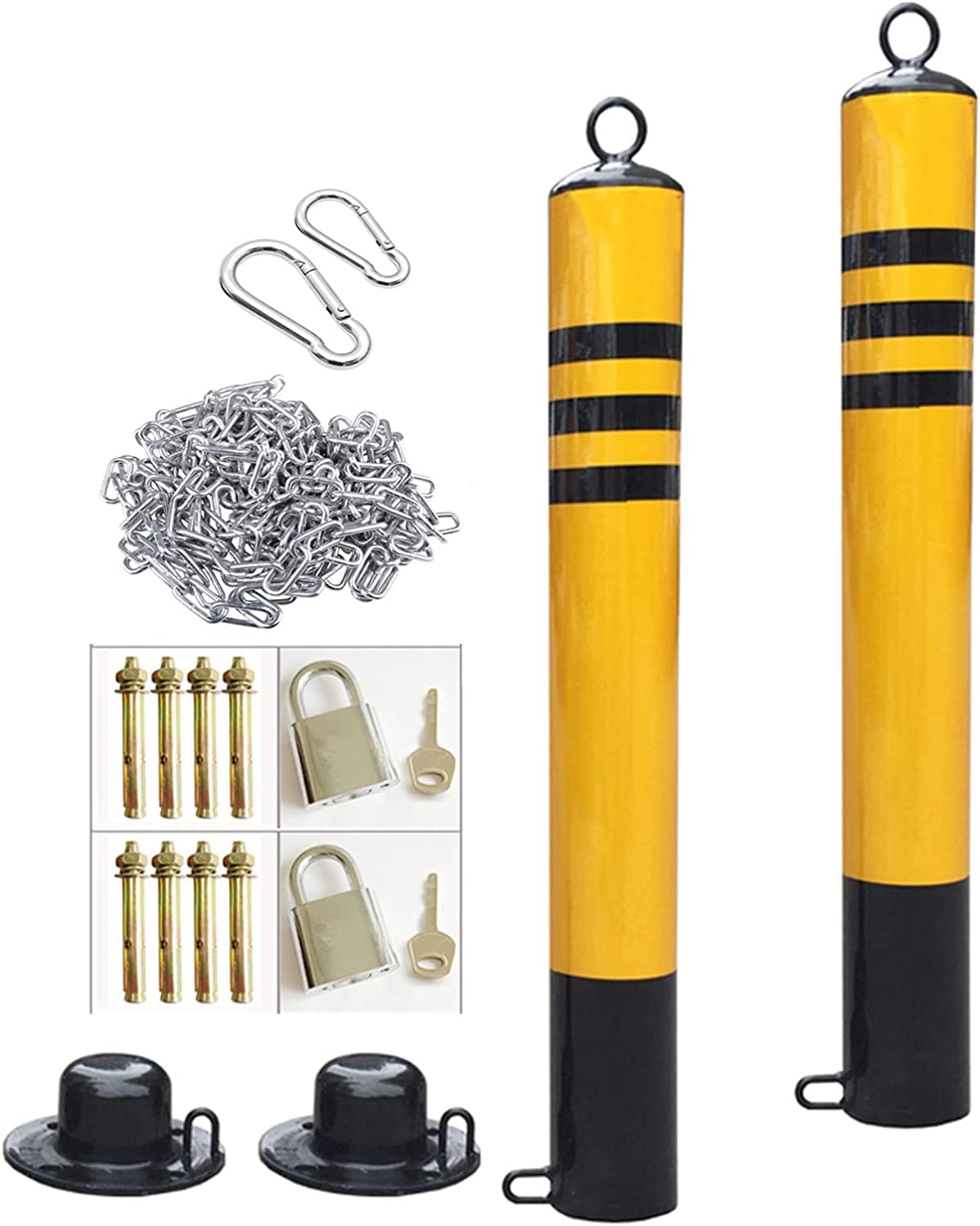 Safety Bollard Traffic Delineator Post, 2 Pack Security Posts for Driveways Removable Reflective Tape Parking Bollards with 5m Iron Chain Easy Installation(76x650mm)