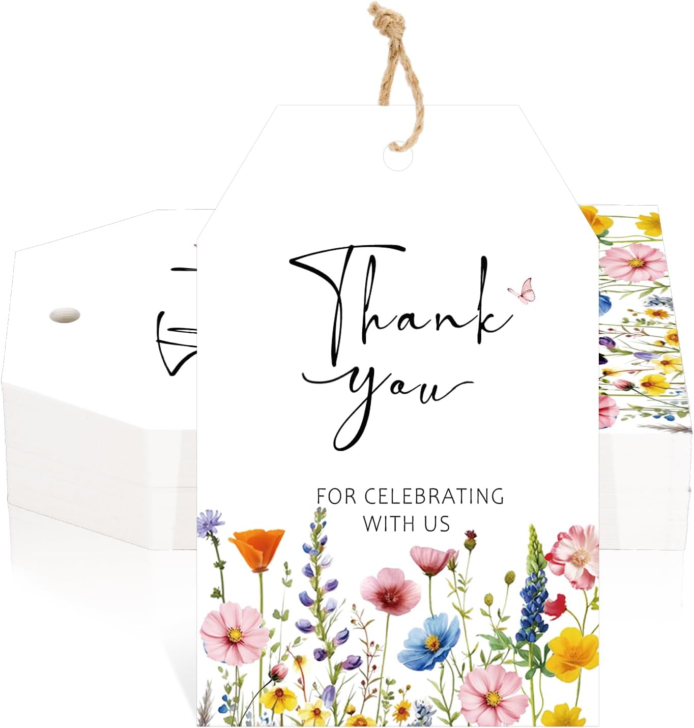 jijAcraft Wildflower Thank You Tags - 50Pcs Flower Party Favor Tags with String, 3.3x2.1 Inch Large White Paper Gift Hangtag, Thank You for Celebrating with us Tag for Wedding, Baby Shower, Birthday