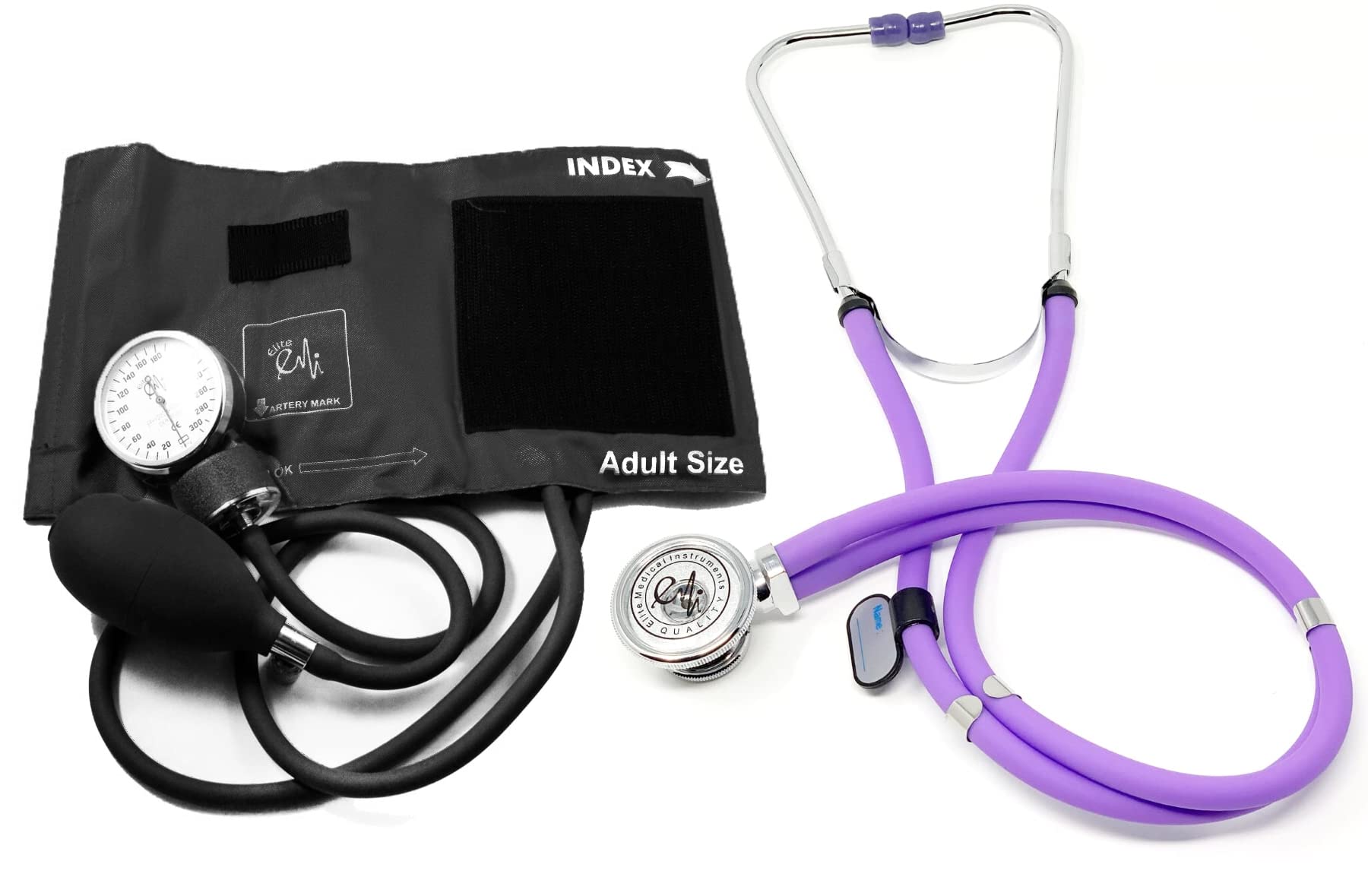 EMI EBE-340 Sprague Rappaport Stethoscope with Black Aneroid Sphygmomanometer Manual Blood Pressure Cuff Set (Lilac/Black)