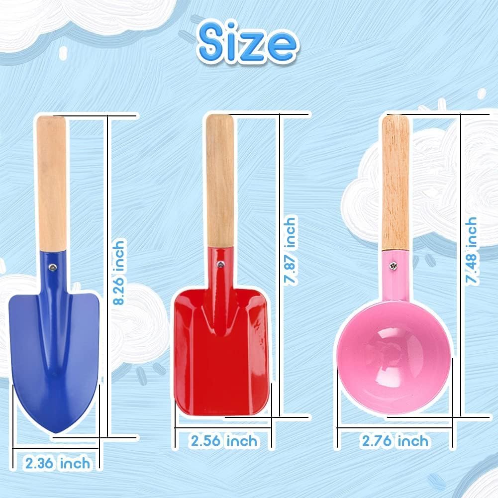 Beach Toys for Kids, 6Pcs 8'' Kids Gardening Tools Sand Toys Set, Metal Garden Tools with Sturdy Wooden Handle, Cylinder, Spoon, Fork, Rake, Flat & Pointed Shovel, Gifts for Children