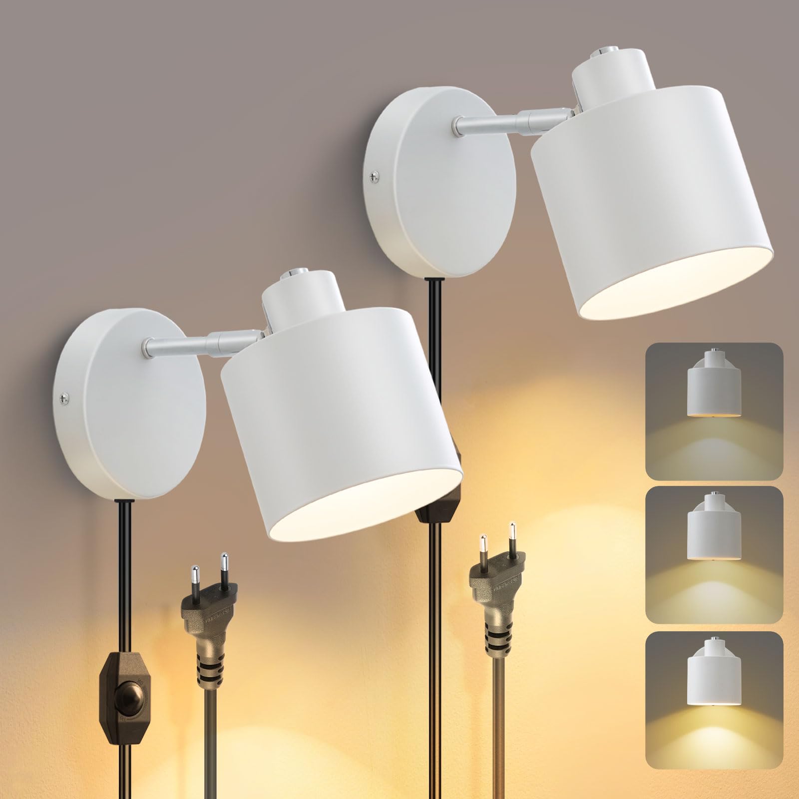 Glowlit Wandlampe mit Stecker Dimmbarem Schalter, Weiß Wandleuchte Innen mit 360° Drehbar, E27 Wandleuchte Industrial 60W Wandstrahler Innen für Wohnzimmer Schlafzimmer Flur