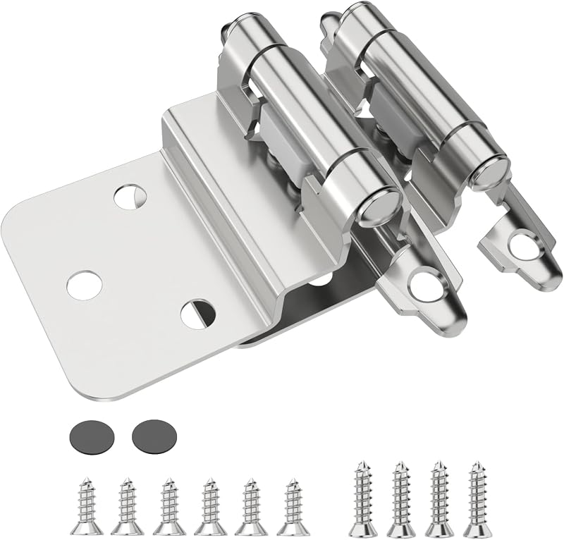 Bisagras de gabinete empotradas de 3/8 pulgadas, paquete de 50 bisagras de montaje frontal con cierre automático con parachoques de puerta, accesorios decorativos variables para baño, muebles, puertas de gabinete de cocina, níquel cepillado