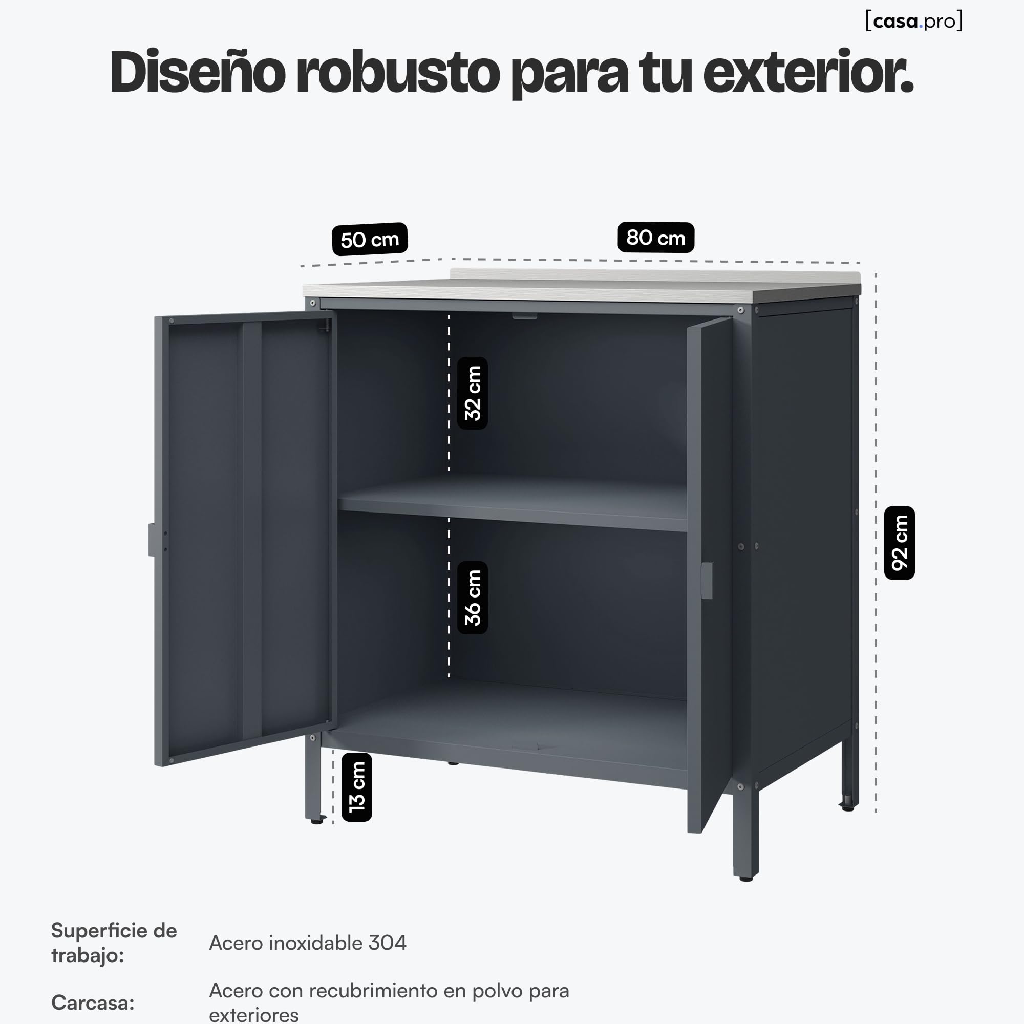casa.pro Armario Exterior Bolognano con Patas Nivelables 1 Estante Interior para Terraza Jardín Uso Interior y Exterior Almacenaje en el Jardín 92 x 80 x 50 cm Acero - Gris Oscuro/Plateado